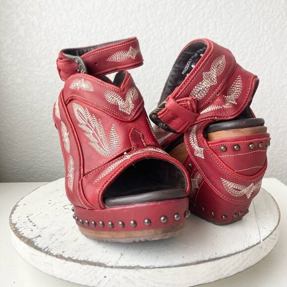 Lane Boots LEXINGTON Womens Red Wedges 9 Western Sandals Cowgirl Wooden Heels - Picture 11 of 11